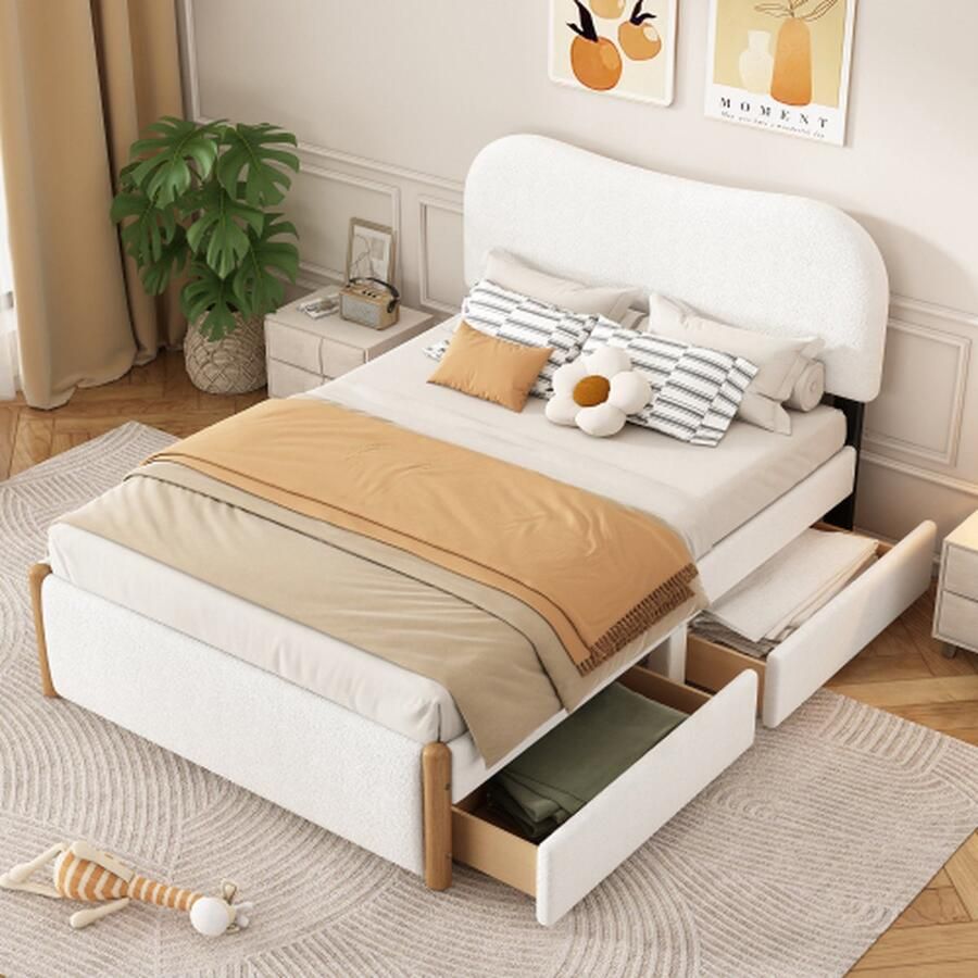 Merlooks 140*200cm plat bed gestoffeerd bed kinderbed wit hoofdeinde dubbele lades links of rechts te monteren minimalistische styling wit