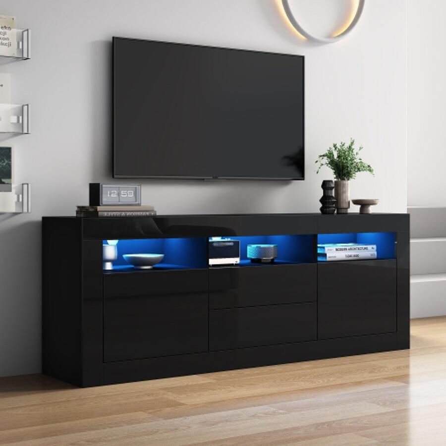 Merlooks 160*35*60 cm hoogglans tv-kast met ledverlichting 3 open vakken 2 deuren 2 lades smart app-bediening voor 70 inch tv's hoogglans tv-standaard zwart
