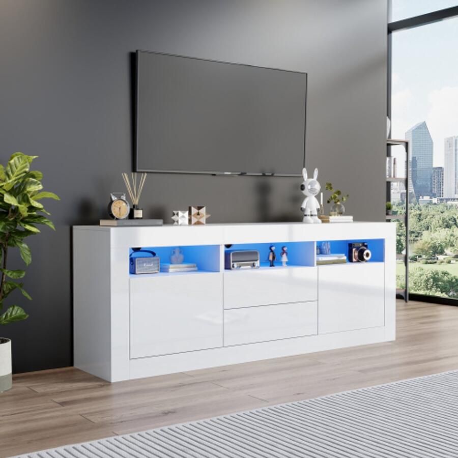 Merlooks 160*35*60 cm hoogglans tv-kast met ledverlichting 3 open vakken 2 deuren 2 lades smart app-bediening voor 70 inch tv's hoogglans tv-standaard wit