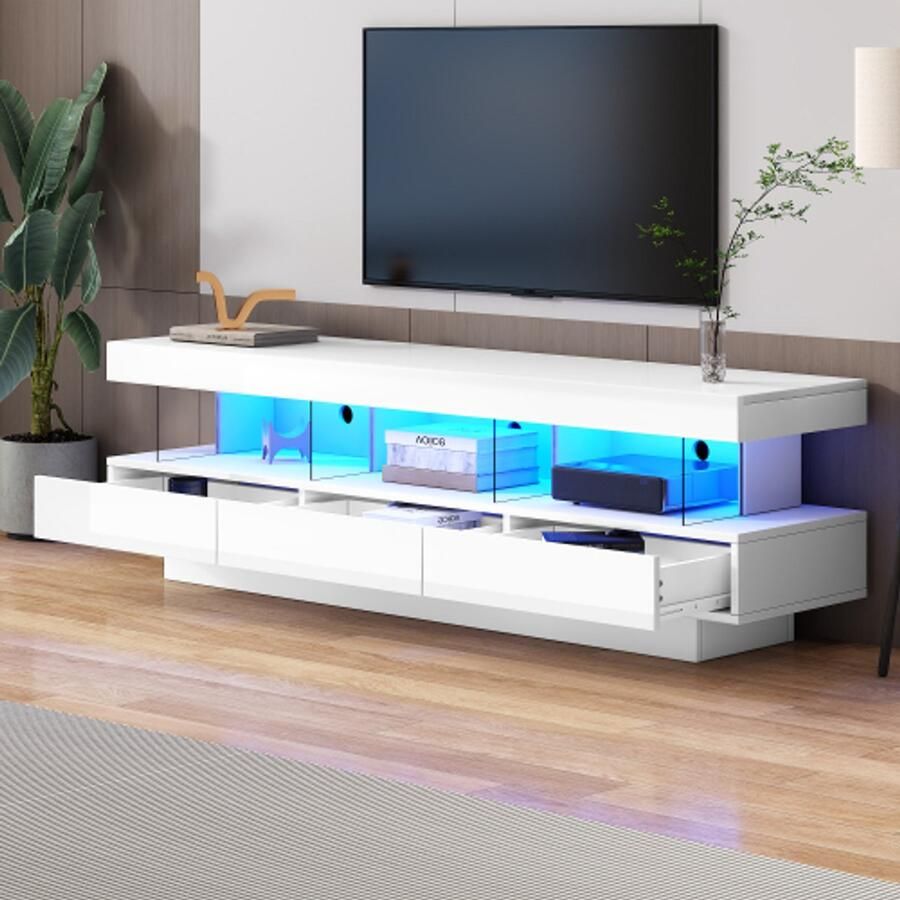 Merlooks 160*38*50 5 cm Wit hoogglans tv-standaard met 3 glazen planken ledverlichting app-bediening bluetooth-connectiviteit voor 70-inch tv's hoogglans glazen tv-standaard smart tv-standaard
