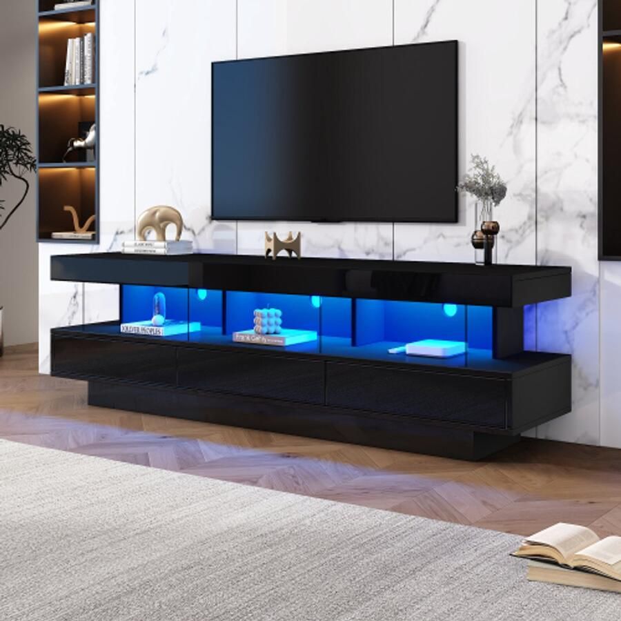 Merlooks 160*38*50 5 cm Zwarte hoogglans tv-standaard met 3 glazen planken ledverlichting app-bediening bluetooth-connectiviteit voor 70-inch tv's hoogglans glazen tv-standaard smart tv-standaard