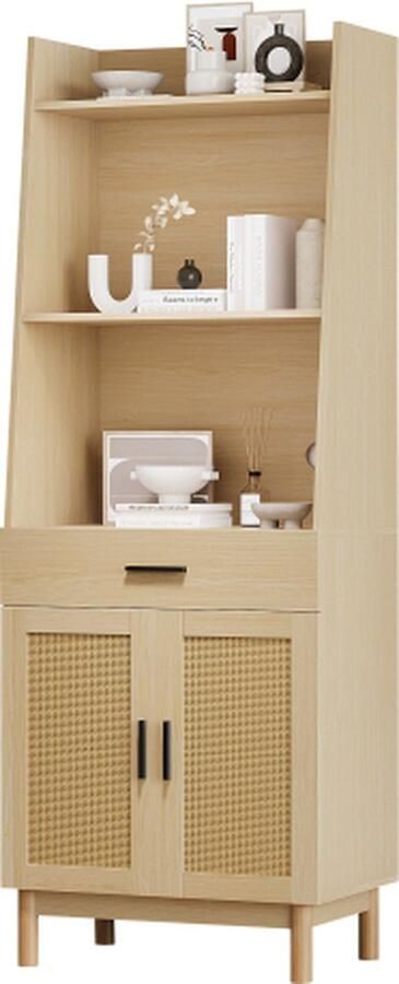 Merlooks 180 5 cm hoge eichenfarbene Vitrine met 2 Rattantüren 1 Schublade 3 offene Stauräume geräuschdämpfende Scharniere Kippsicherung gepolsterte Tischbeinfüße verticale Vitrine stehend