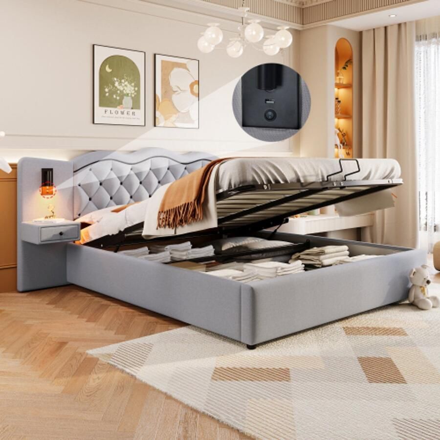 Merlooks 180*200cm Plat bed gestoffeerd bed geïntegreerd hoofdbord hydraulisch hefmechanisme USB-aansluiting twee bedlampjes grote opbergruimte grijs