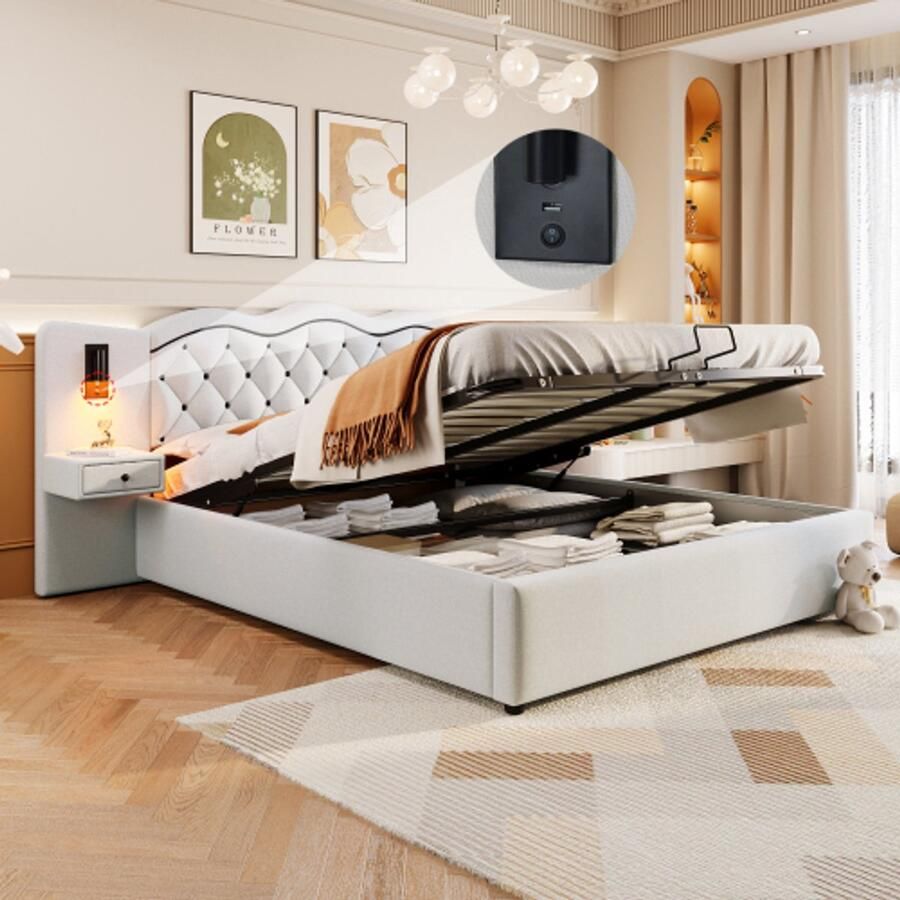 Merlooks 180*200cm Plat bed gestoffeerd bed geïntegreerd hoofdbord hydraulisch hefmechanisme USB-aansluiting twee bedlampjes grote opbergruimte wit