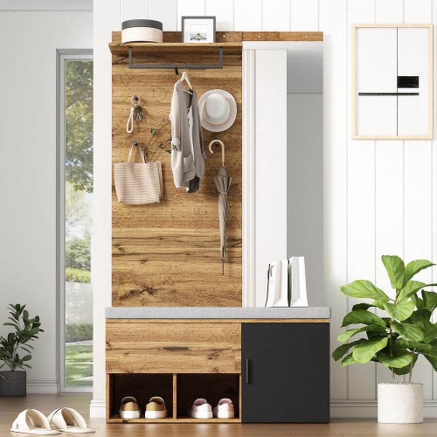 Merlooks 190 cm hoge garderobeset in houtlook met spiegel schoenenbank (104 x 39 cm) met kussen schoenenkast lade plank jashaken Praktisch ontwerp voor de entree