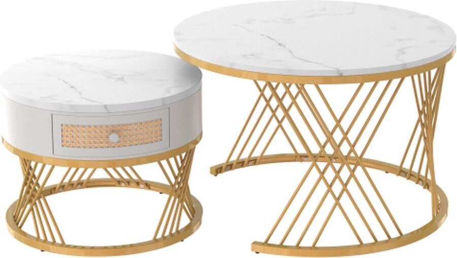 Merlooks 2 in 1 ronde salontafel van MDF bijzettafel met marmeren blad en kunststof rotan lades massief houten handgrepen. gouden ijzeren voeten. 70*70*45.5+50*50*38.5cm