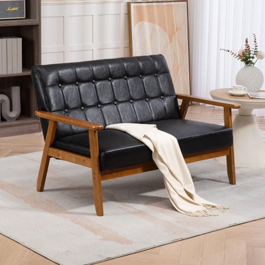 Merlooks 2-zits dubbele zitbank met sponskussen comfortabel en ademend polyester massief houten fauteuil voor woonkamer slaapkamer kantoor en vrije tijd zwart