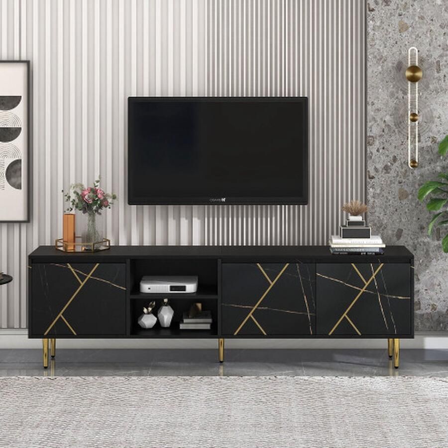 Merlooks 200x35x60 cm grote TV kast geschikt voor 90-inch TV's met drie deuren en modern zwart gouden design