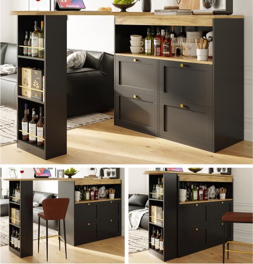 Merlooks 360° draaibare bartafel (hoofdgedeelte 105 x 39 x 102 cm) met 4 laden en open vakken geschikt voor eetkamer werkkamer woonkamer enz