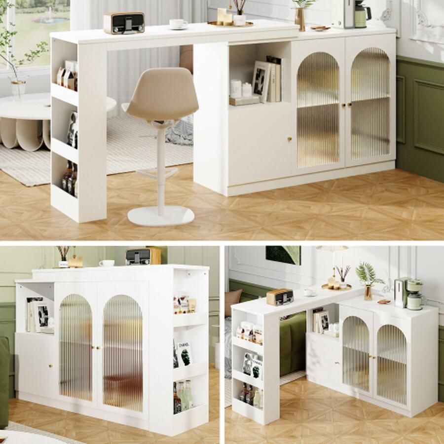 Merlooks 360° draaibare bartafel (hoofdgedeelte 120 x 40 x 97 cm) modern en eenvoudig draaibaar eet- en barmeubel multifunctionele opbergkast met glazen deur wit