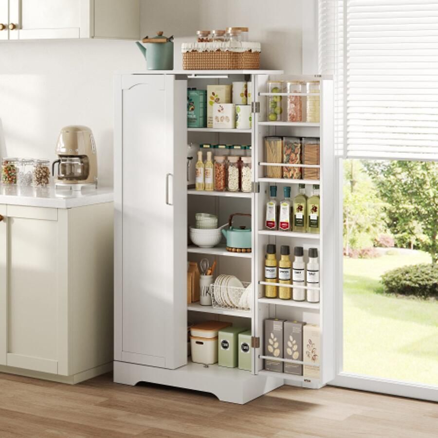 Merlooks 60 × 35 × 128 cm wit multifunctionele keukenkast met led-sensorlamp in hoogte verstelbare legplanken dubbele deur met opbergvak kantelbeveiliging geschikt voor keuken woonkamer en eetkamer