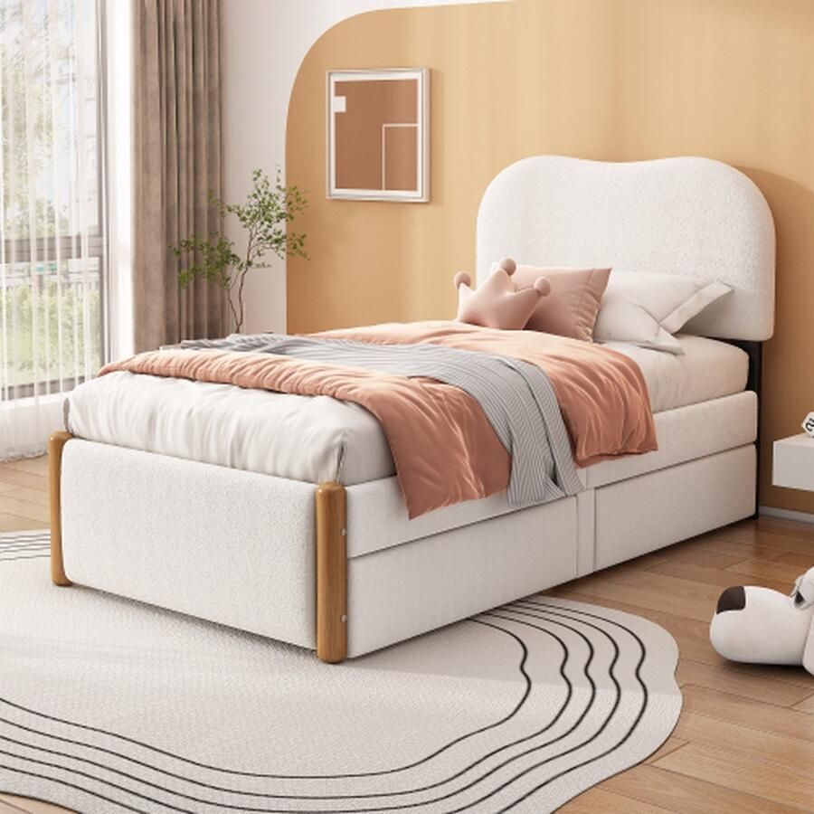 Merlooks 90*200cm plat bed gestoffeerd bed kinderbed wit hoofdeinde dubbele lades links of rechts te monteren minimalistische styling wit