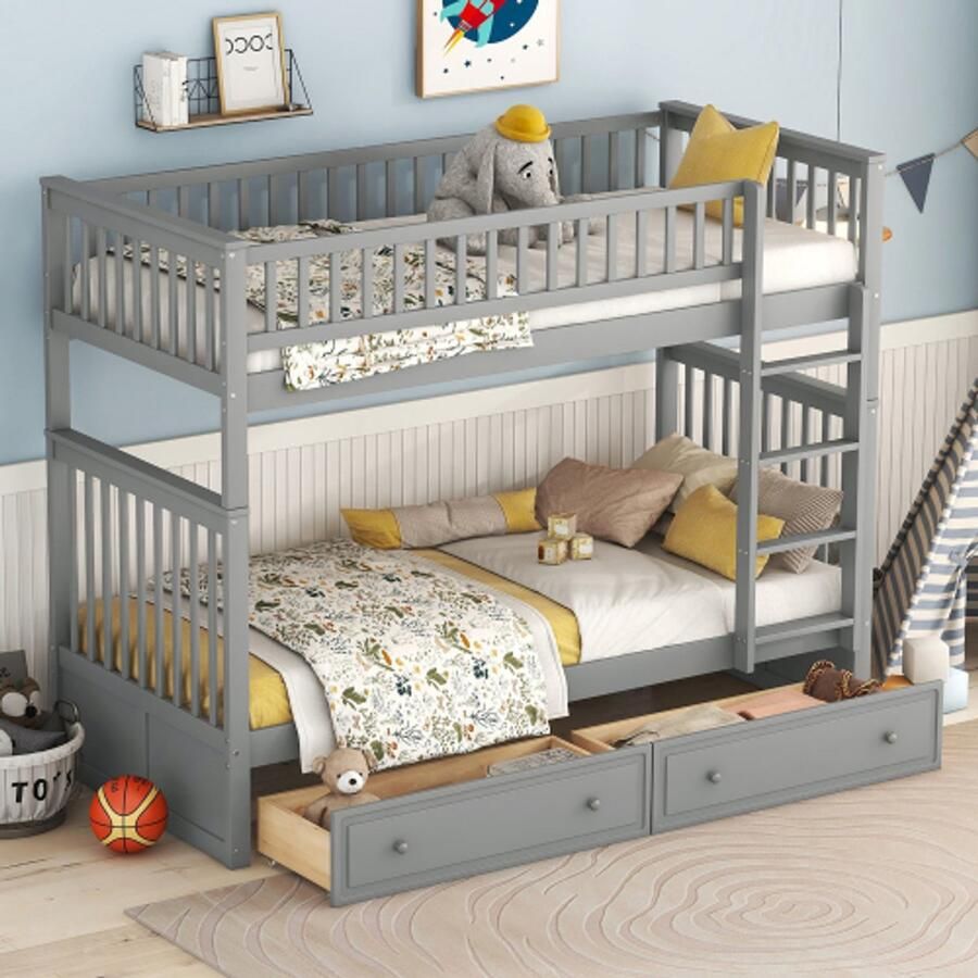 Merlooks 90x200cm stapelbedden kinderbedden functionele bedden stapelbed met lades cabrio-bedden grijs