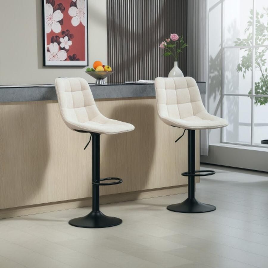 Merlooks Barkruk set van 2 gestoffeerde barkruk met rugleuning stalen frame chenille look in hoogte verstelbare keukenstoelen met voetensteun 360° draaibare tegenkruk voor keuken woonkamer Beige