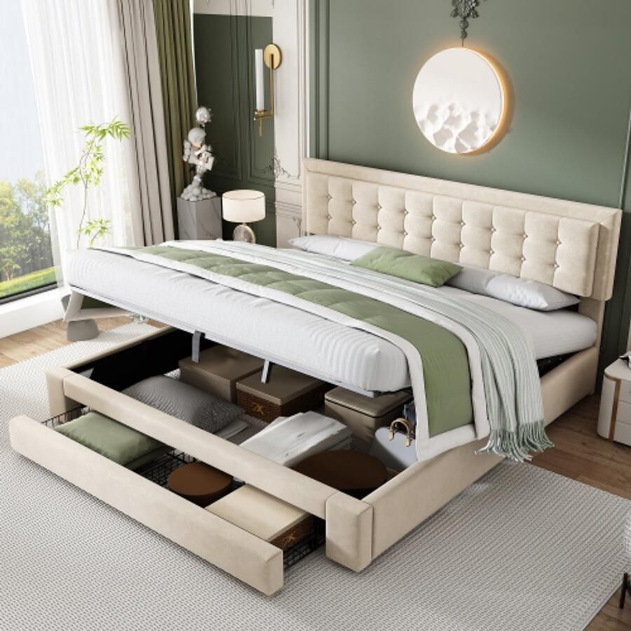 Merlooks Bed met opbergruimte en lades fluweel gestoffeerd bed lattenbodem tweepersoonsbed grote opbergruimte 160 x 200 beige