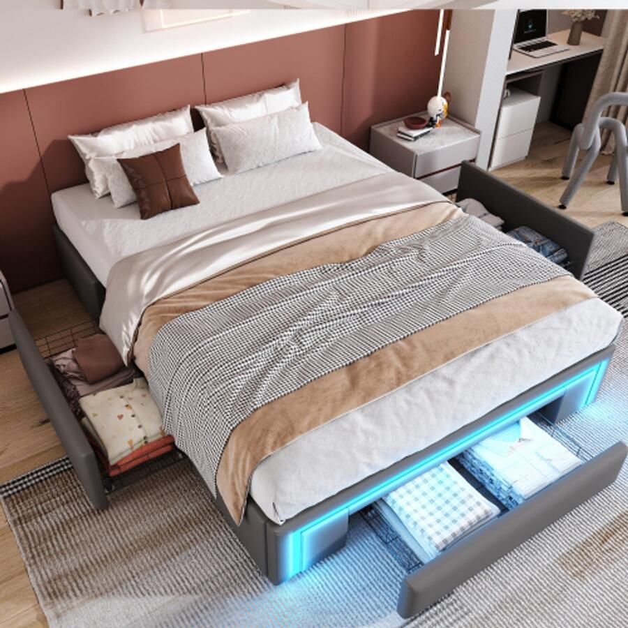 Merlooks Bedframe 140X200 met laden PU lederen bed zonder hoofdeinde Met LED-lichtlijst metalen lattenbodem voor moderne slaapkamers Grijs