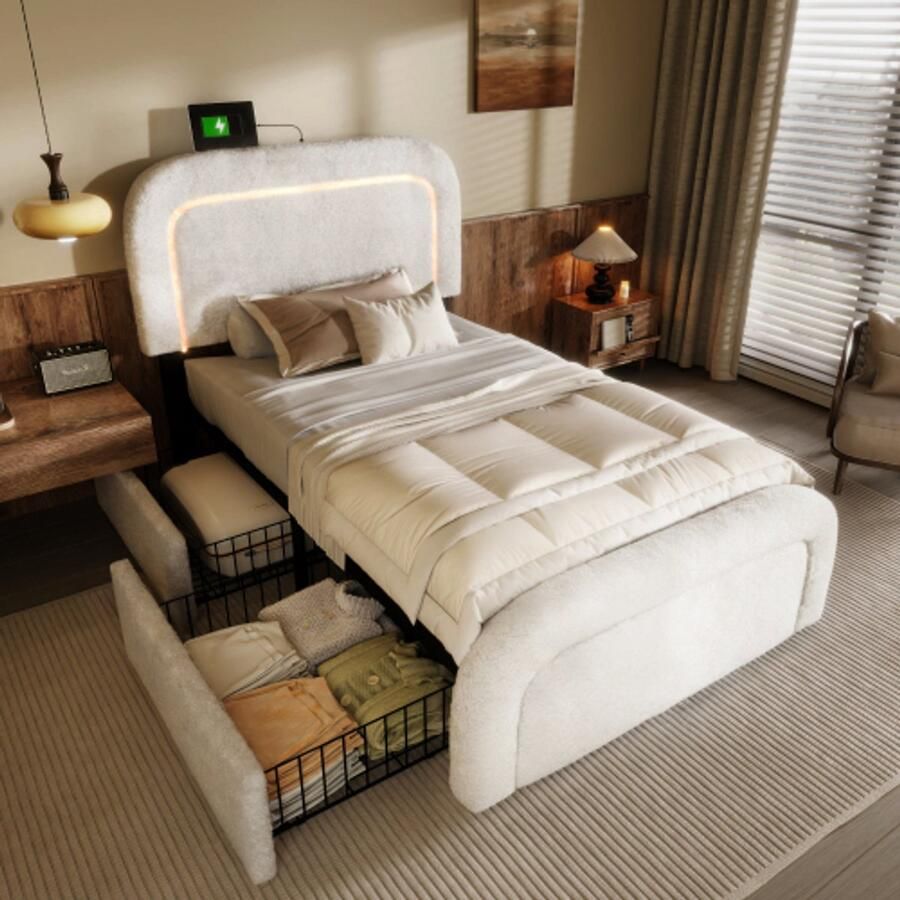 Merlooks Bedframe met USB type C oplaadfunctie LED-verlichting en 2 laden eenpersoonsbed gestoffeerd bed 90x200cm in hoogte verstelbaar hoofdbord houten lattenbodem wit (zonder matras)