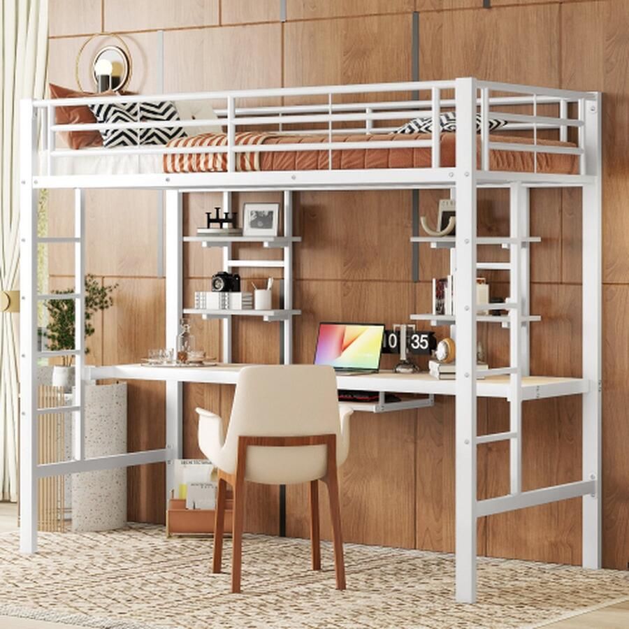 Merlooks Bedframe metalen bed ijzeren bed hoogslaper met bureau en twee boekenplanken voor kinderen tieners en volwassenen 90x200cm whi