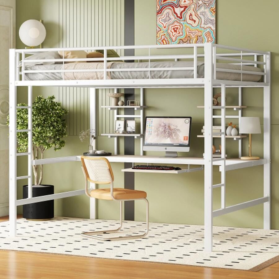 Merlooks Bedframe metalen bed ijzeren bed hoogslaper met bureau en twee boekenplanken voor kinderen tieners en volwassenen 140x200cm wit