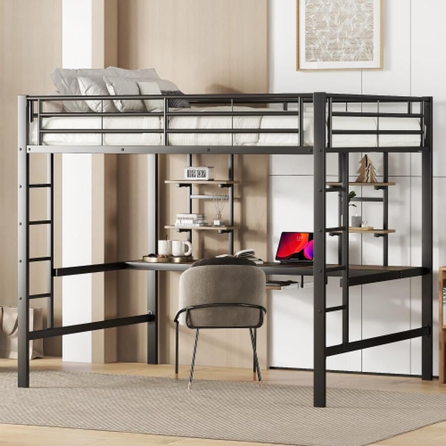 Merlooks Bedframe metalen bed ijzeren bed hoogslaper met bureau en twee boekenplanken voor kinderen tieners en volwassenen 140x200cm zwart
