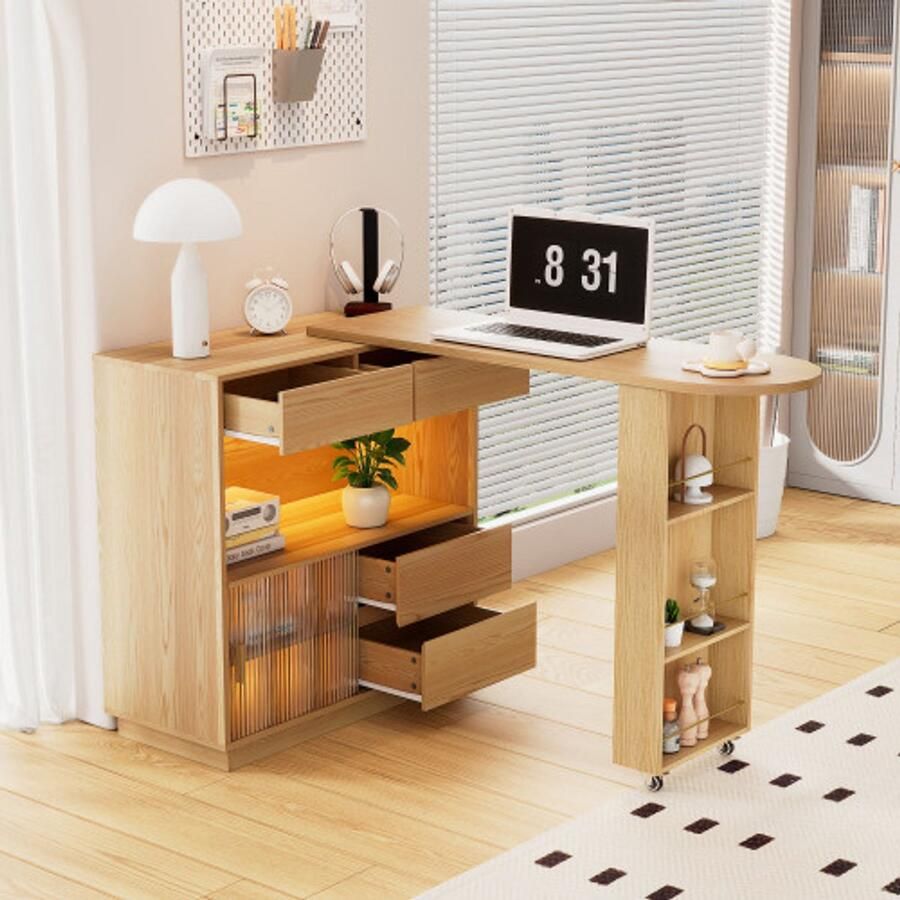 Merlooks Bureau L-vormige bureau met plank zwenktafel topje met LED-lichte tape