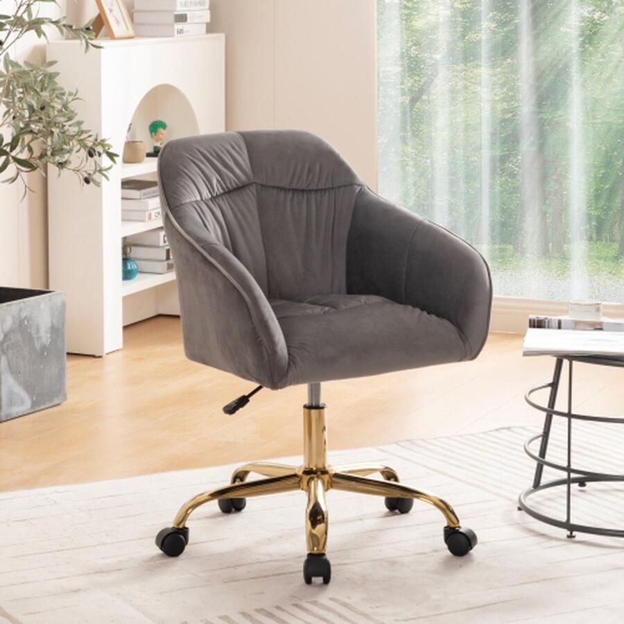 Merlooks Bureaustoel (1 st) in hoogte verstelbaar ademend met rugleuning en armleuning en wielen 360° draaibaar Bureaustoel met armleuningen thuiskantoor grijs fluweel gouden poten