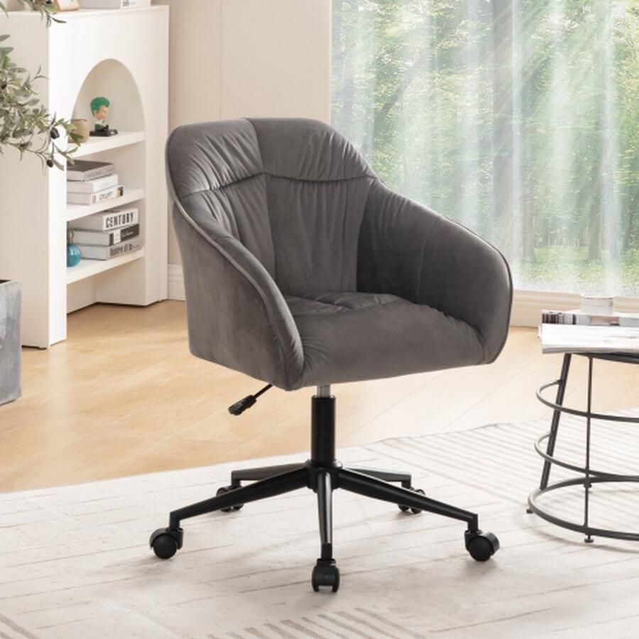 Merlooks Bureaustoel (1 st) in hoogte verstelbaar ademend met rugleuning en armleuning en wielen 360° draaibaar Bureaustoel met armleuningen thuiskantoor grijs fluweel zwarte poten