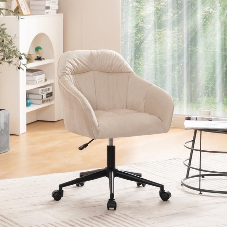 Merlooks Bureaustoel (1 st) in hoogte verstelbaar ademend met rugleuning en armleuning en wielen 360° draaibaar Bureaustoel met armleuningen thuiskantoor beige fluweel zwarte poten