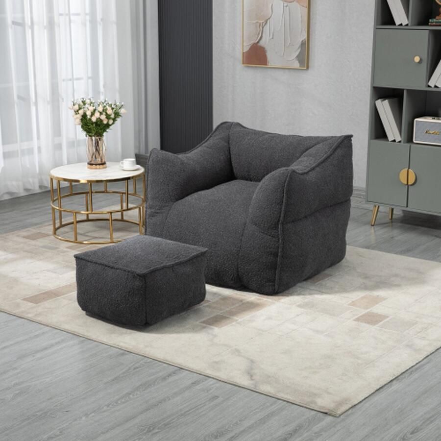 Merlooks Comfortabele Boucle Zitzak voor Volwassenen en Kinderen Indoor Superzachte Luie Bank met Geheugensponsvulling Moderne Speciale Zitzak met Armleuningen Geschikt voor Woonkamer en Slaapkamer Zwart