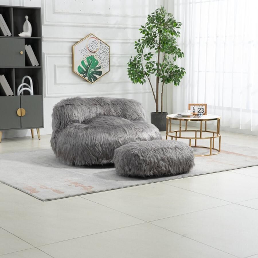 Merlooks Comfortabele Fluffy Zitzak Stoel met Ottomaan voor Volwassen Kinderen Moderne Accent Stoel Zachte Fluffy Faux Bont Zitzak Luie Slaapbank Bed Voor Woonkamer Appartement Slaapkamer Home Office Grijs
