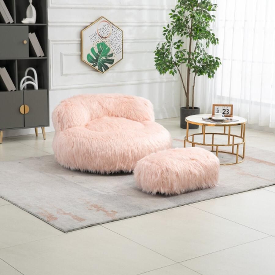 Merlooks Comfortabele Fluffy Zitzak Stoel met Ottomaan voor Volwassen Kinderen Moderne Accent Stoel Zachte Fluffy Faux Bont Zitzak Luie Slaapbank Bed Voor Woonkamer Appartement Slaapkamer Home Office Roze