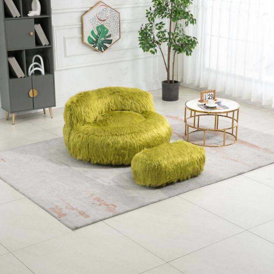 Merlooks Comfortabele Fluffy Zitzak Stoel met Ottomaan voor Volwassen Kinderen Moderne Accent Stoel Zachte Fluffy Faux Bont Zitzak Luie Slaapbank Bed Voor Woonkamer Appartement Slaapkamer Home Office Olijfgroen