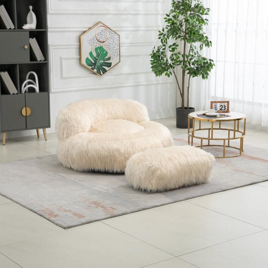Merlooks Comfortabele Fluffy Zitzak Stoel met Ottomaan voor Volwassen Kinderen Moderne Accent Stoel Zachte Fluffy Faux Bont Zitzak Luie Slaapbank Bed Voor Woonkamer Appartement Slaapkamer Home Office Beige