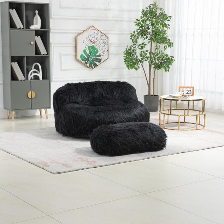 Merlooks Comfortabele Fluffy Zitzak Stoel met Ottomaan voor Volwassen Kinderen Moderne Accent Stoel Zachte Fluffy Faux Bont Zitzak Luie Slaapbank Bed Voor Woonkamer Appartement Slaapkamer Home Office Zwart