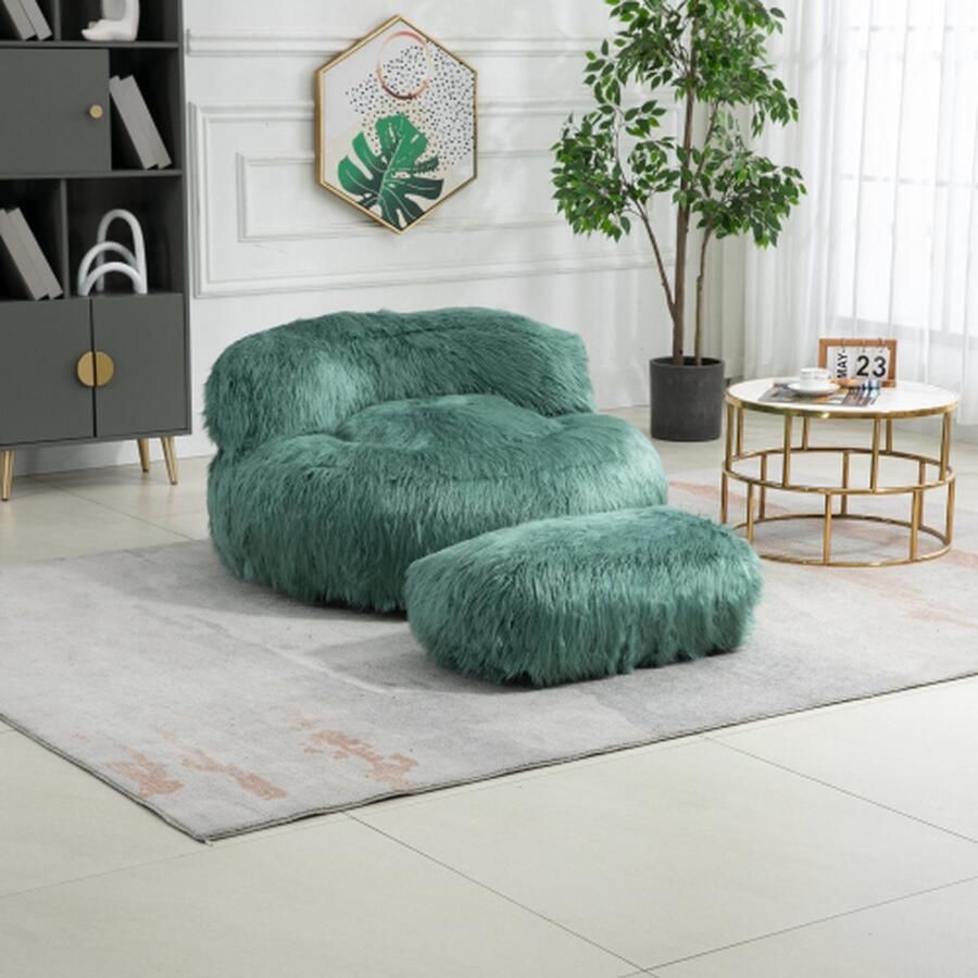 Merlooks Comfortabele Fluffy Zitzak Stoel met Ottomaan voor Volwassen Kinderen Moderne Accent Stoel Zachte Fluffy Faux Bont Zitzak Luie Slaapbank Bed Voor Woonkamer Appartement Slaapkamer Home Office Mintgroen
