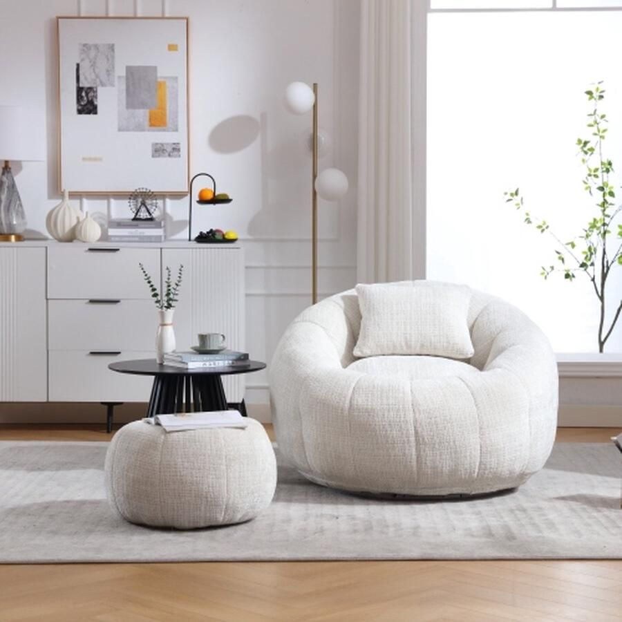 Merlooks Comfortabele ronde draaibare zitzak 360° vrije rotatie superzachte bank met hoge dichtheid met traagschuim gevuld zitzak voor volwassenen en woonkamer slaapkamer met zitzakbank white
