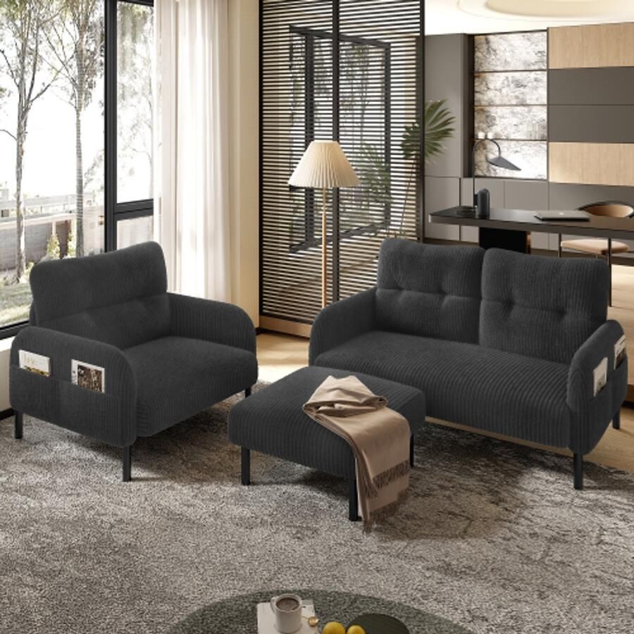 Merlooks Corduroy Set van 3: fauteuil + voetenbank + 2-zitsbank met zijvakken Stalen buizenframe & extra zachte rugleuning Diepe zitting voor maximaal comfort Modulair te combineren voor de woonkamer grijs