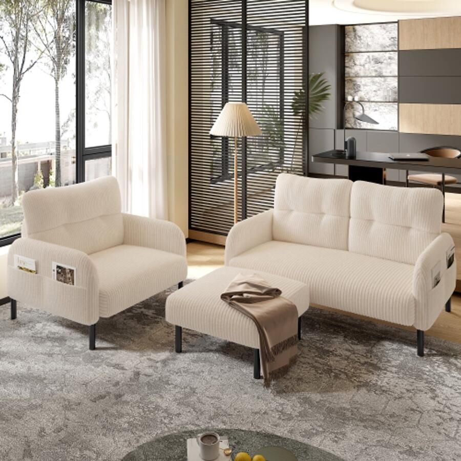Merlooks Corduroy Set van 3: fauteuil + voetenbank + 2-zitsbank met zijvakken Stalen buizenframe & extra zachte rugleuning Diepe zitting voor maximaal comfort Modulair te combineren voor de woonkamer beige