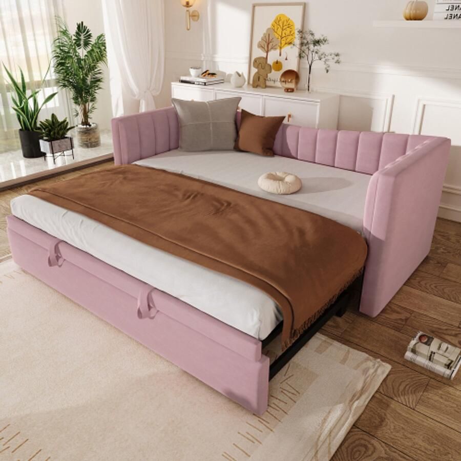 Merlooks Daybed 90 x 200 cm (180 x 200 cm) gestoffeerd bed met uitschuifbed slaapbank eenpersoonsbed tweepersoonsbed (zonder matras) fluweel minimalistische stijl roze