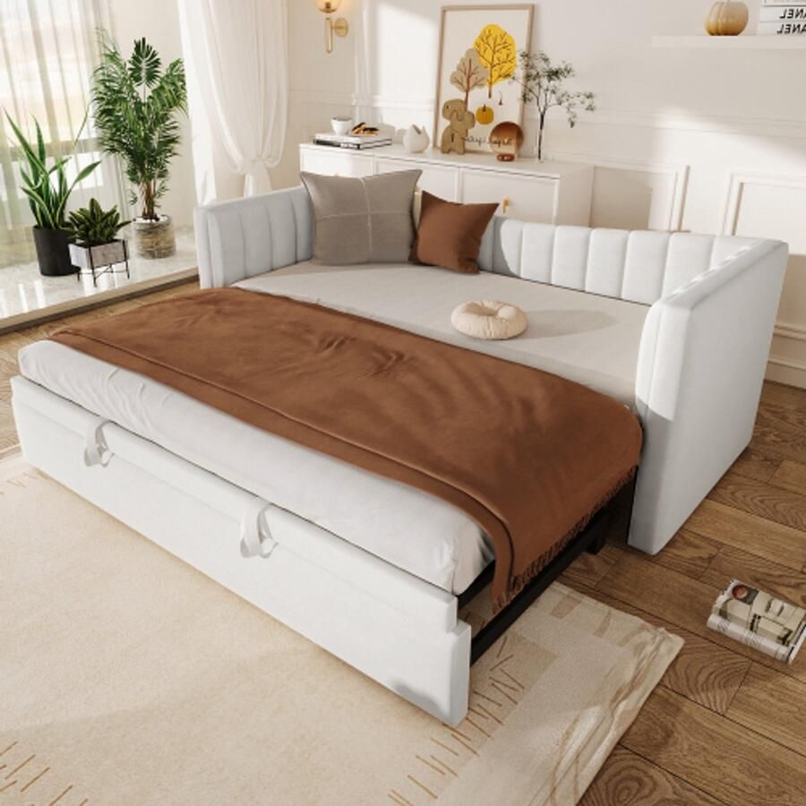 Merlooks Daybed 90 x 200 cm (180 x 200 cm) gestoffeerd bed met uitschuifbed slaapbank eenpersoonsbed tweepersoonsbed (zonder matras) fluweel minimalistische stijl wit