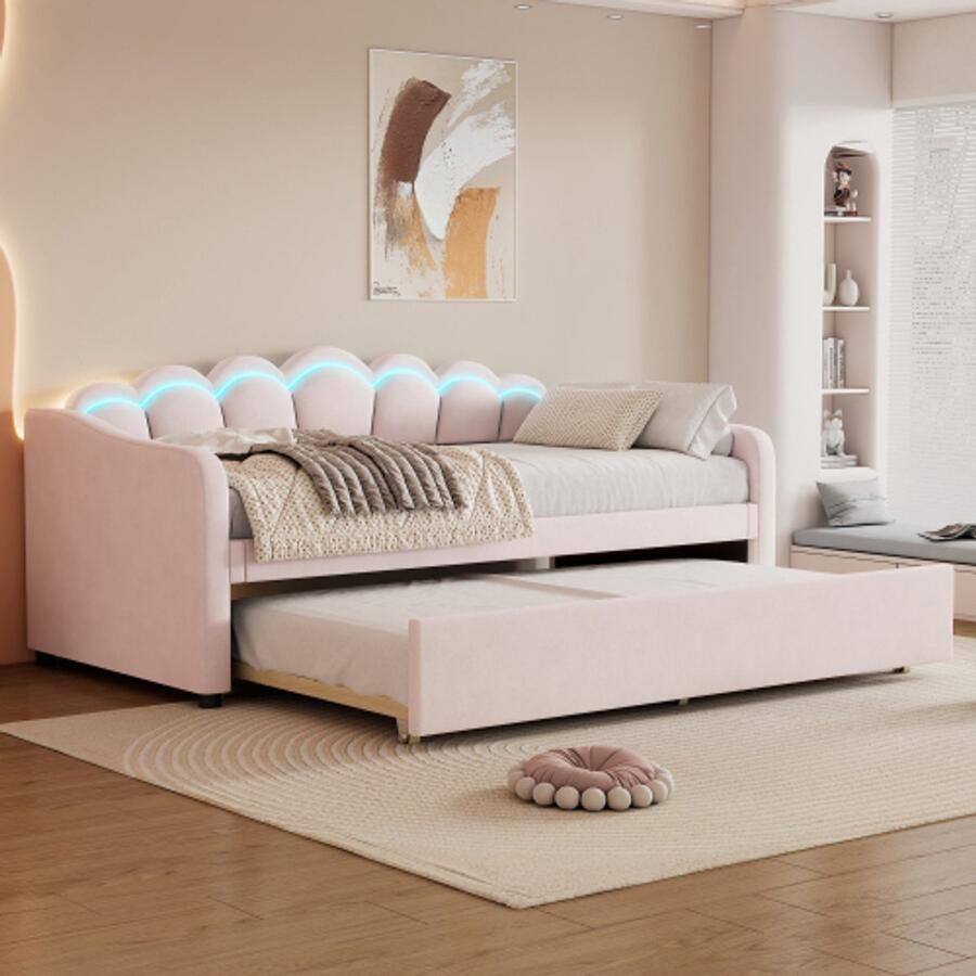 Merlooks Daybed 90x200cm Dagbed met uitschuifbaar bed slaapbank eenpersoonsbed (zonder matras) fluweel kleurveranderende sfeerverlichting afstandsbediening minimalistische styling roze