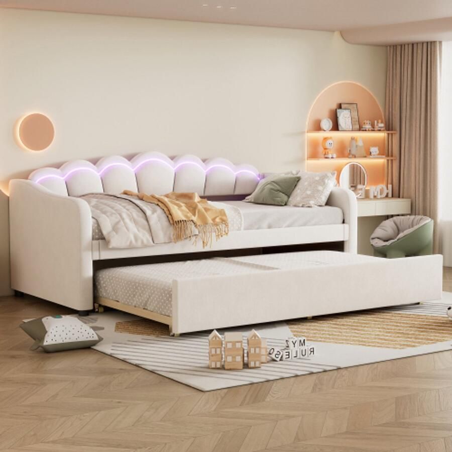Merlooks Daybed 90x200cm Dagbed met uitschuifbaar bed slaapbank eenpersoonsbed (zonder matras) fluweel kleurveranderende sfeerverlichting afstandsbediening minimalistische styling beige