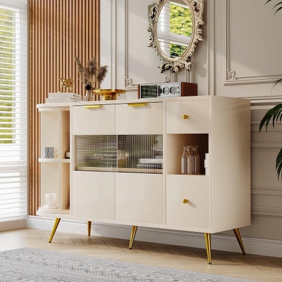 Merlooks Dressoir Eetkamer Woonkamer Opbergkasten met glazen schuifdeuren en LED-verlichting Houten dressoir Vrijstaande kasten Buffetkasten Keukenmeubels Beige