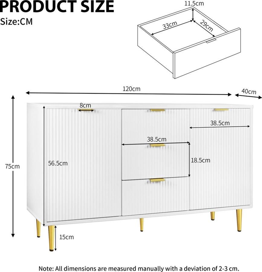 Merlooks Dressoir in wit en goud 2 deuren 3 laden frontpaneel met verticale strepen 120*40*75 cm eetkamerkast hoekkast nachtkastje badkamerkast opbergkast
