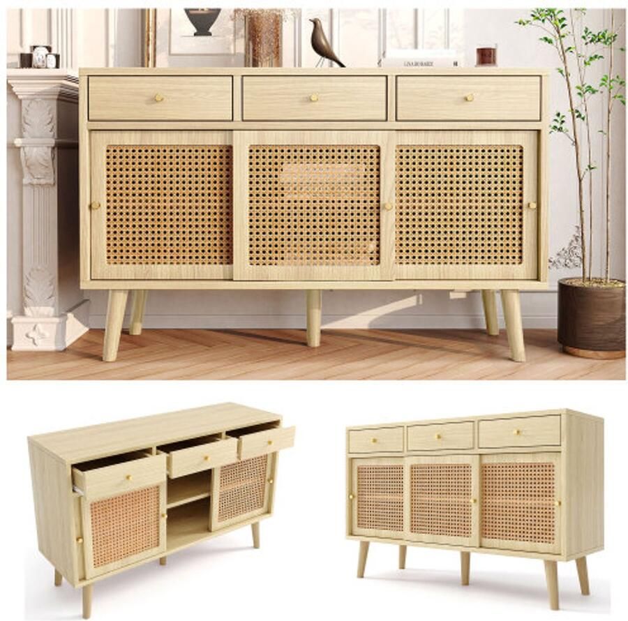 Merlooks Dressoir ladekast met 3 laden en 3 schuifdeuren rotan vlechtwerk op de deurfronten massief houten poten goudkleurige metalen handgreep verstelbare planken eiken 120x 40x78cm