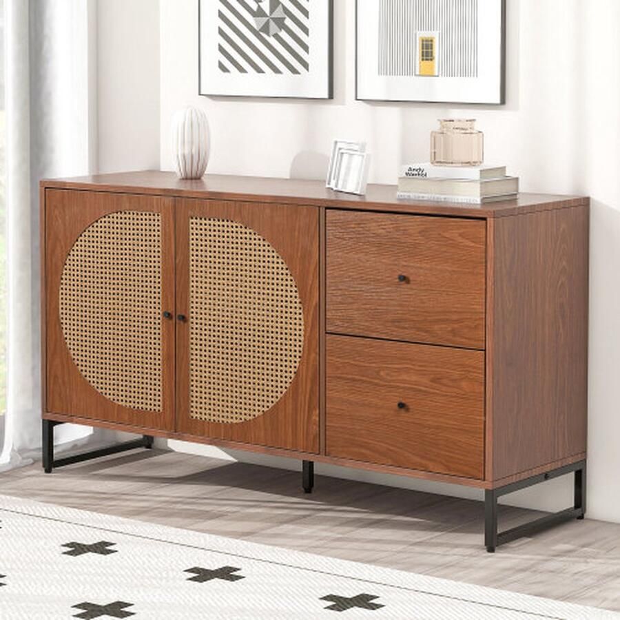 Merlooks Dressoir met 2 rotan versierde deuren en 2 laden ladekast keukenkast multifunctionele kast highboard met metalen handgrepen voor slaapkamers & woonkamers & kantoor