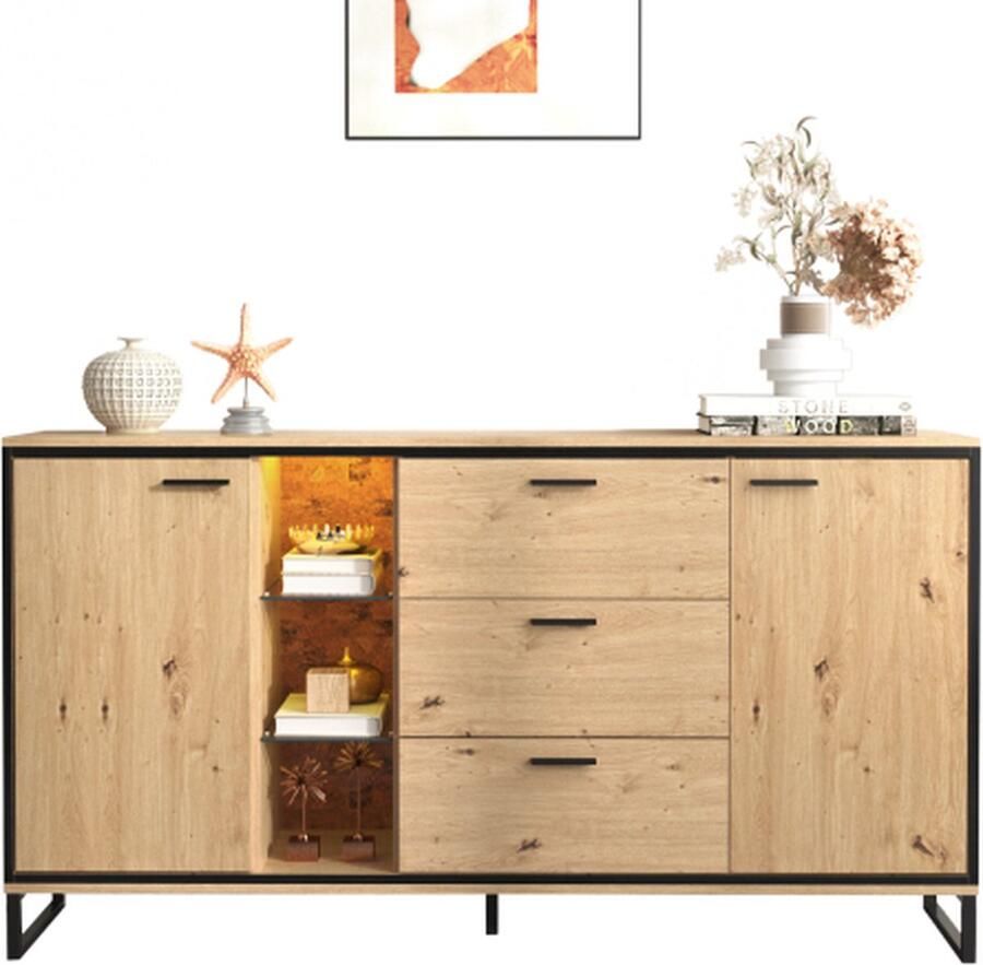 Merlooks Dressoir met drie lades voorzien van twee deuren. voortreffelijk graan. Modern dressoir in houtkleur met opbergvakken stijlvol en functioneel woonmeubilair. Kleur zwart en hout
