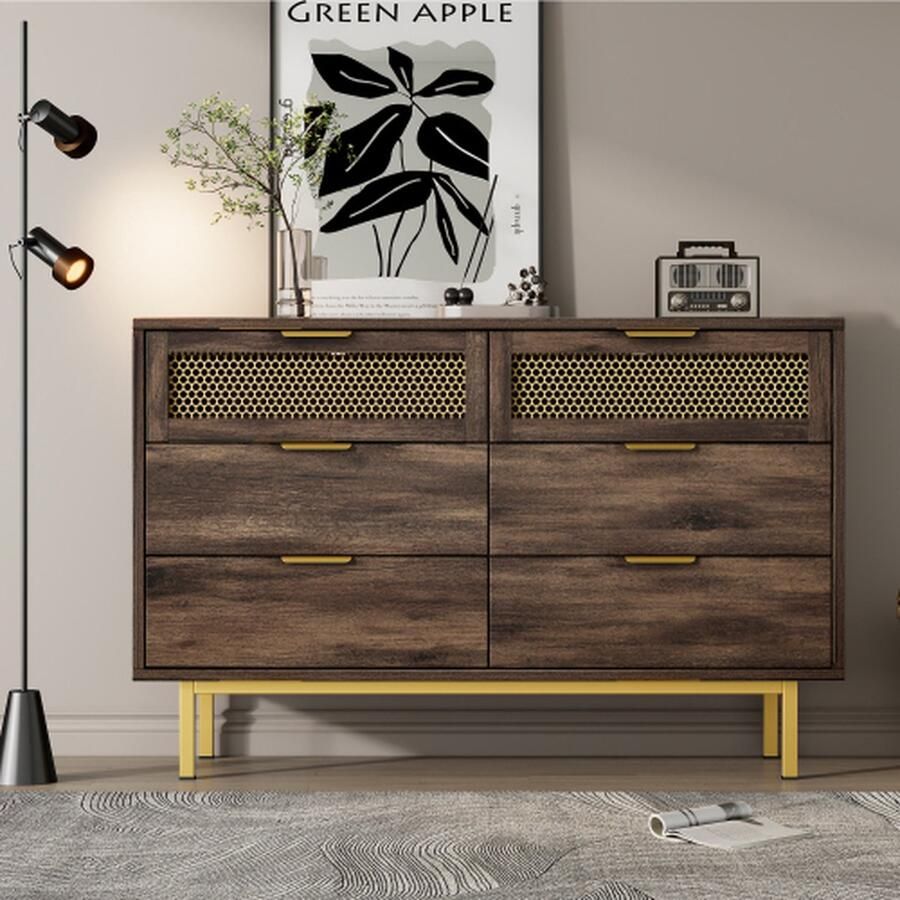 Merlooks Dressoirkast ladekast met 6 laden 120 x 40 x 76 cm donkerbruin metalen handgrepen ladekast multifunctionele kast voor hal slaapkamer woonkamer en kinderkamer