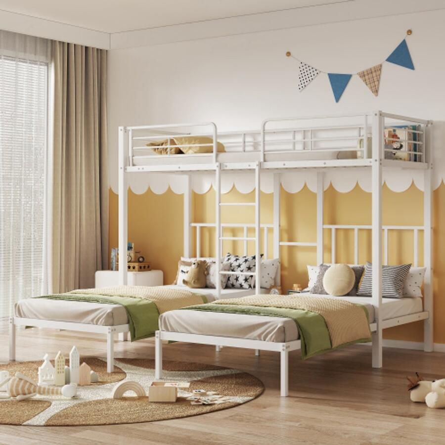 Merlooks Driepersoonsbed driepersoons stapelbed met ladder voor kinderen en tieners ijzeren bed met valbeveiligingsrail en tafel wit 90x200cm*3