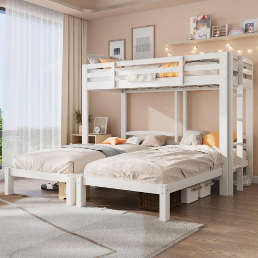 Merlooks Driepersoonsbed driepersoons stapelbed met zijladder voor kinderen en tieners wit (90x200cm)